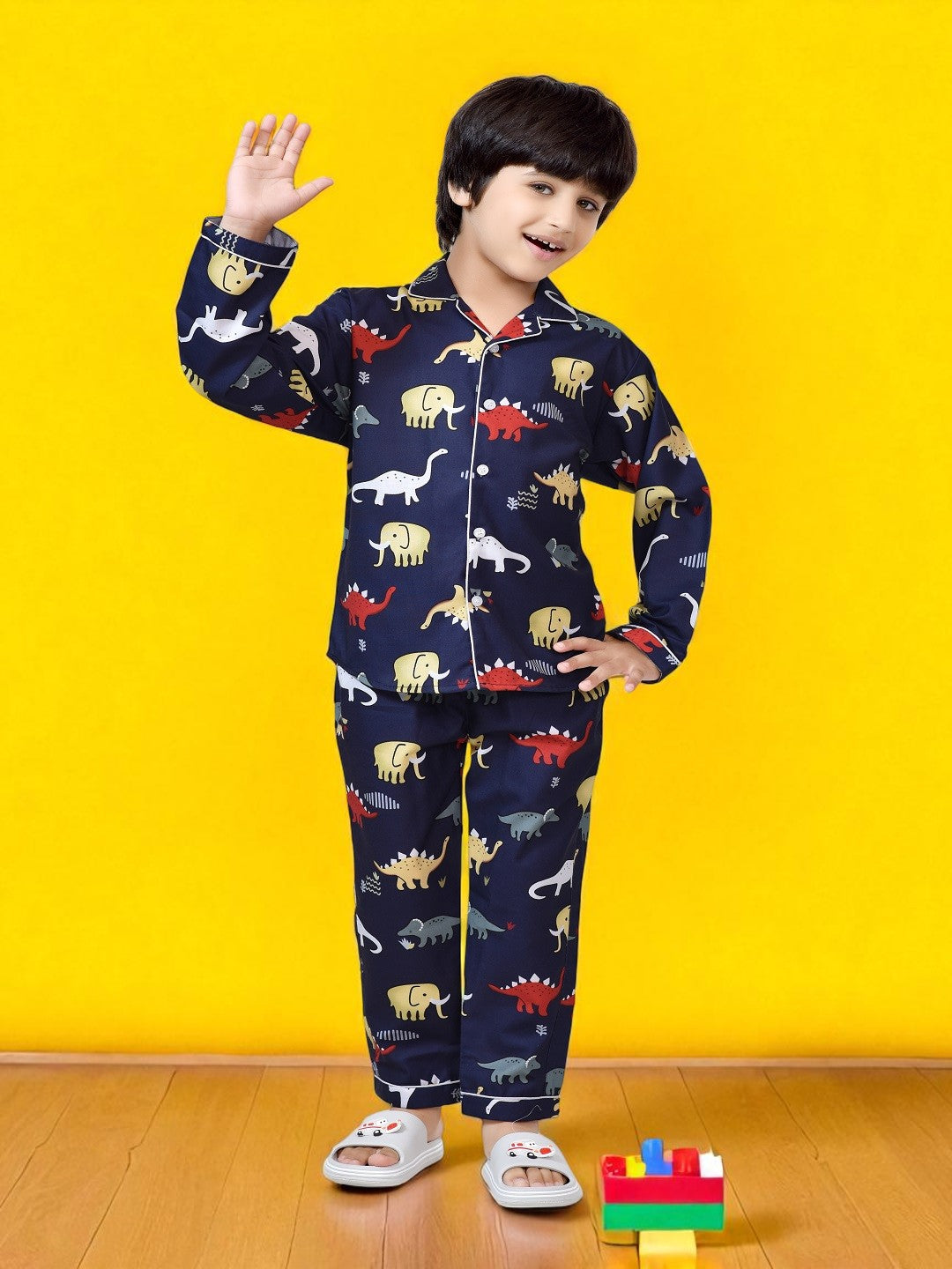 Navy Blue Animal Printed Cotton Boys Nightsuit