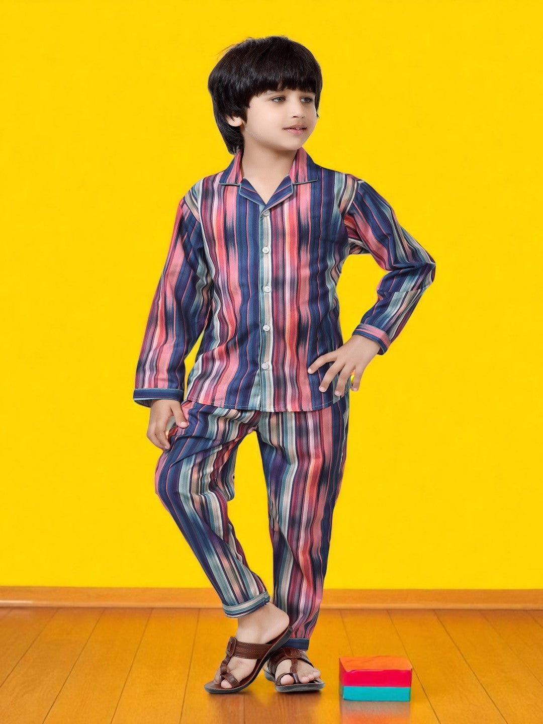 Blue Color Block Striped Printed Boys Cotton Night Dress