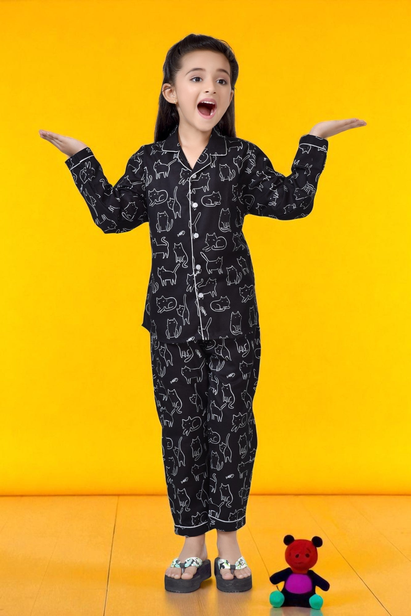 Buy Black Cat Print Girls Cotton Long Night Suit Set Online - FrontView