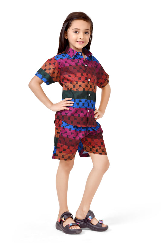 Multicolor Horizontal Stripes Printed Cotton Co-Ord Set for Girls