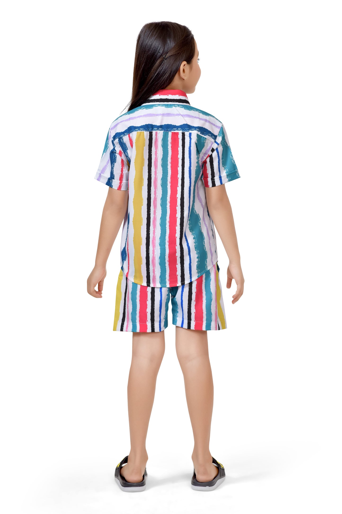 Colorful Striped Print Girls Cotton Shorts Co-Ord Set