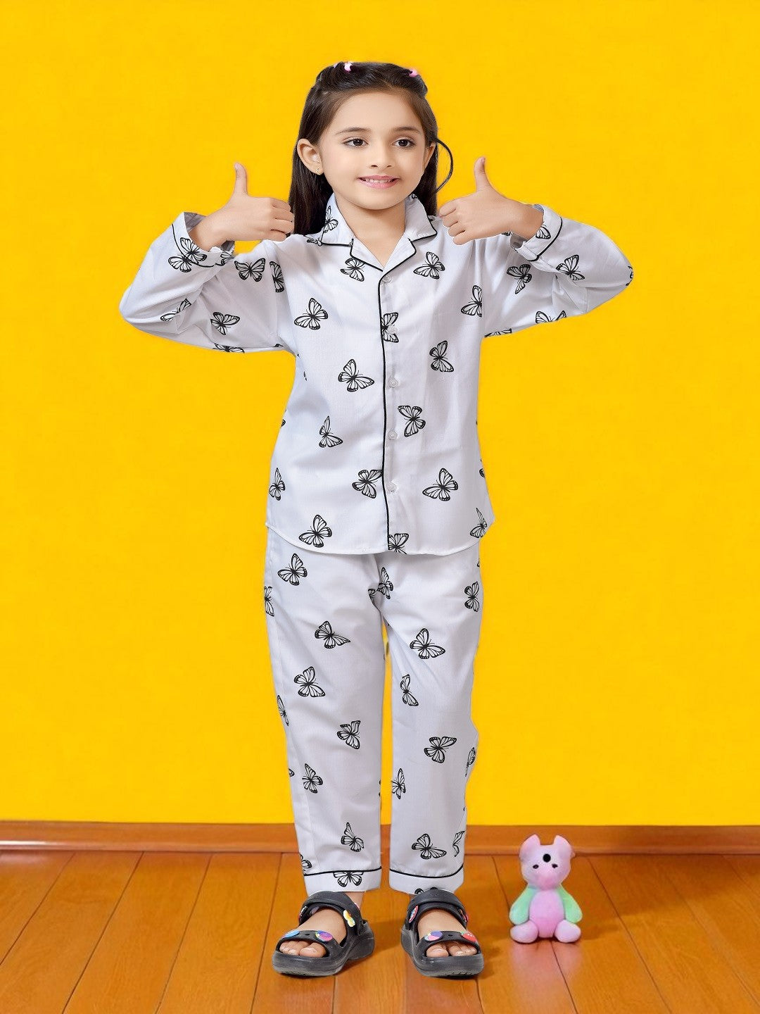 White Butterfly Printed Girls Cotton Pajama Nightwear