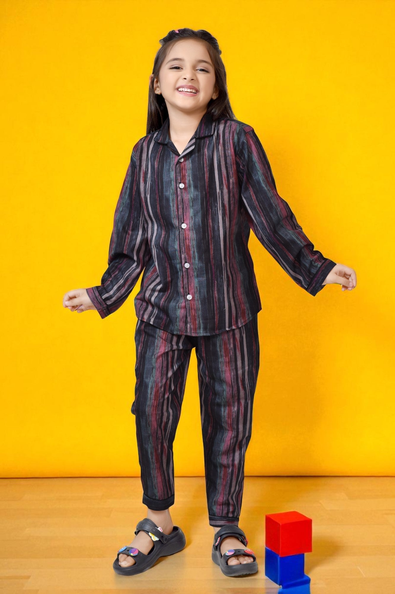 Buy Brown Abstract Striped Printed Girls Night Suit Set Online