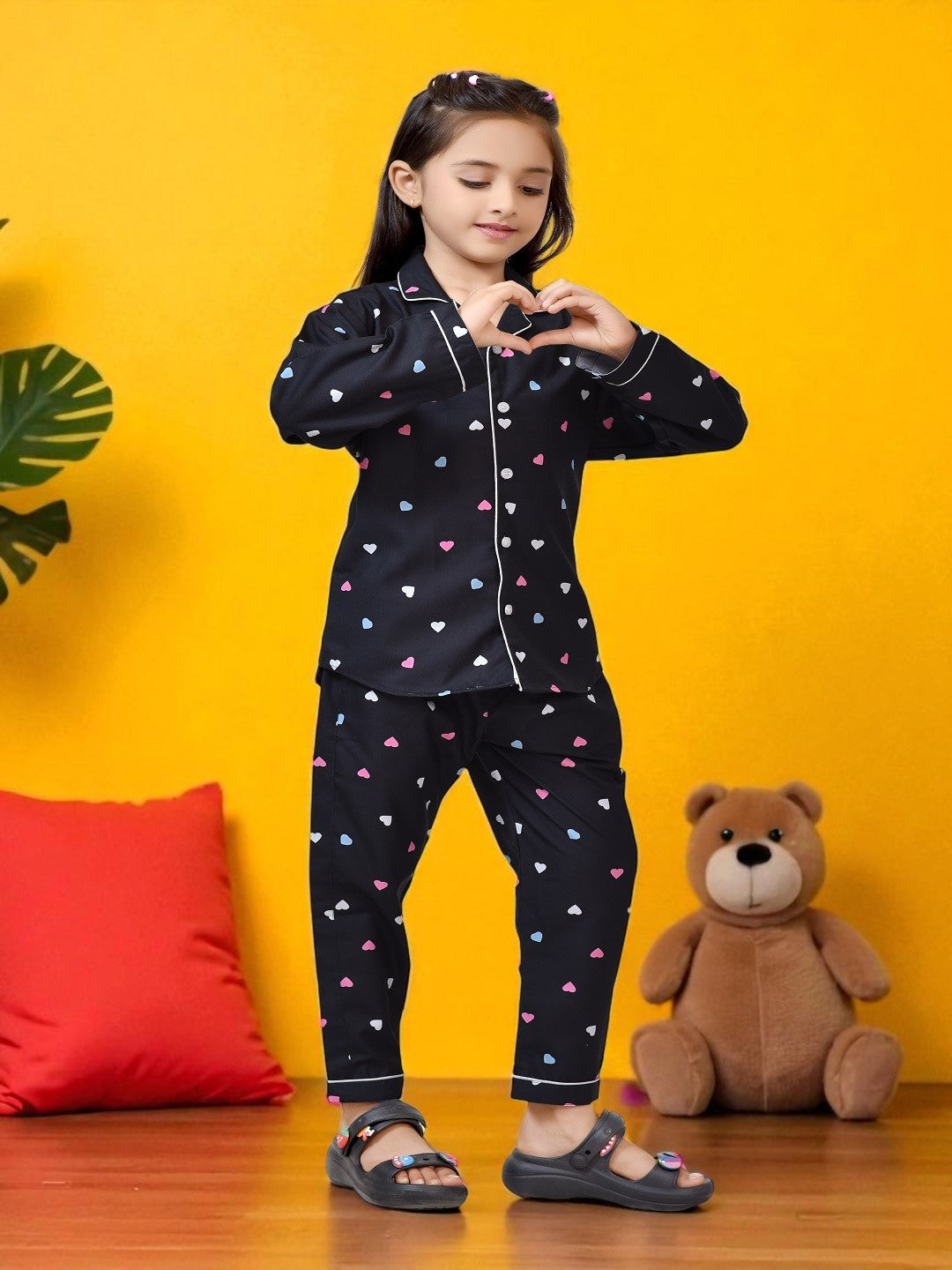 Black Heart Printed Girls Nightsuit Set - FrontView