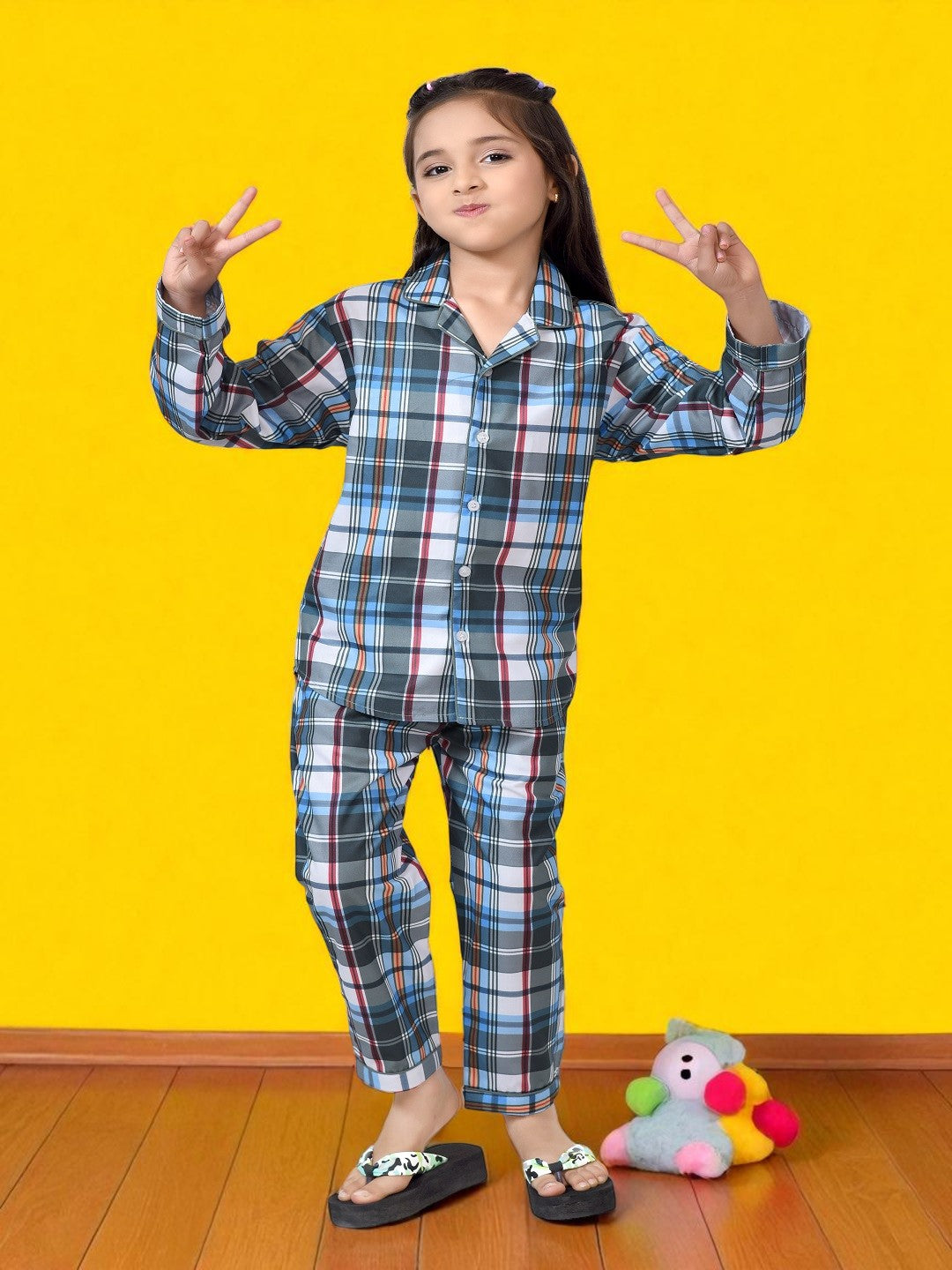 Buy Blue and Grey Checks Printed Girls Cotton Night Dress Online - FrontView