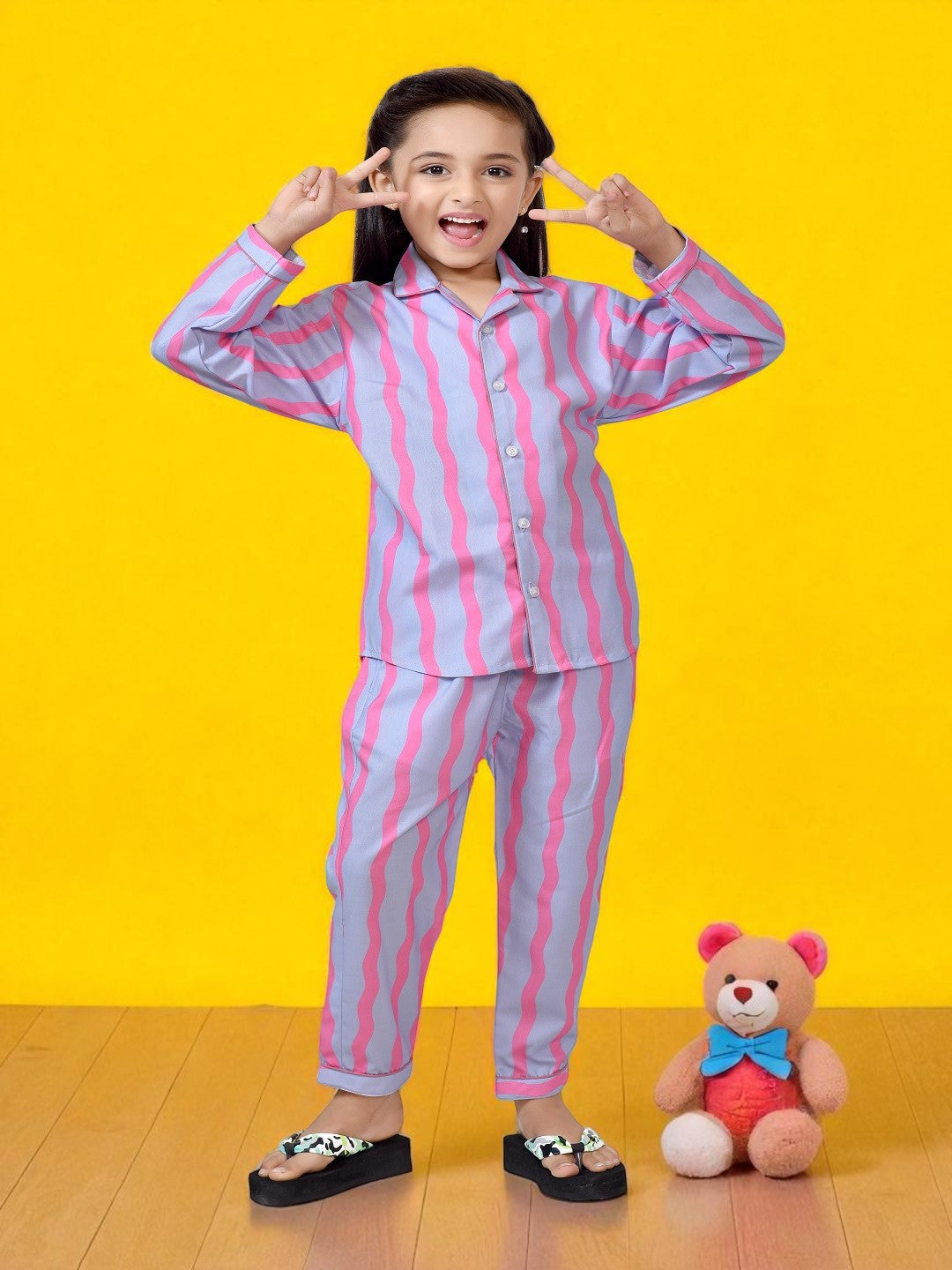 Sky & Pink Striped Printed Girls Cotton Night Dress