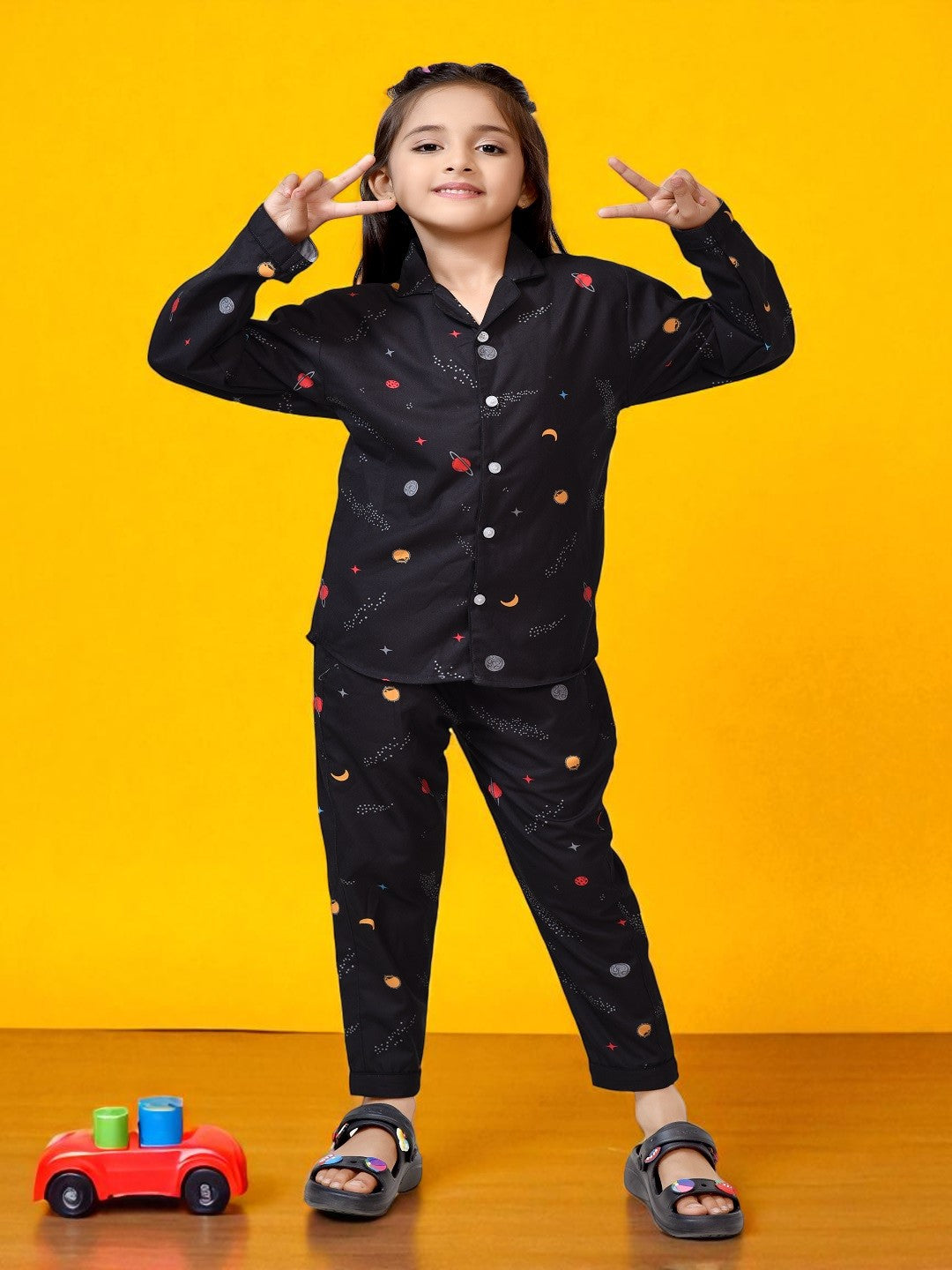 Buy Girls Black Galaxy Print Cotton Pajama Suit Online