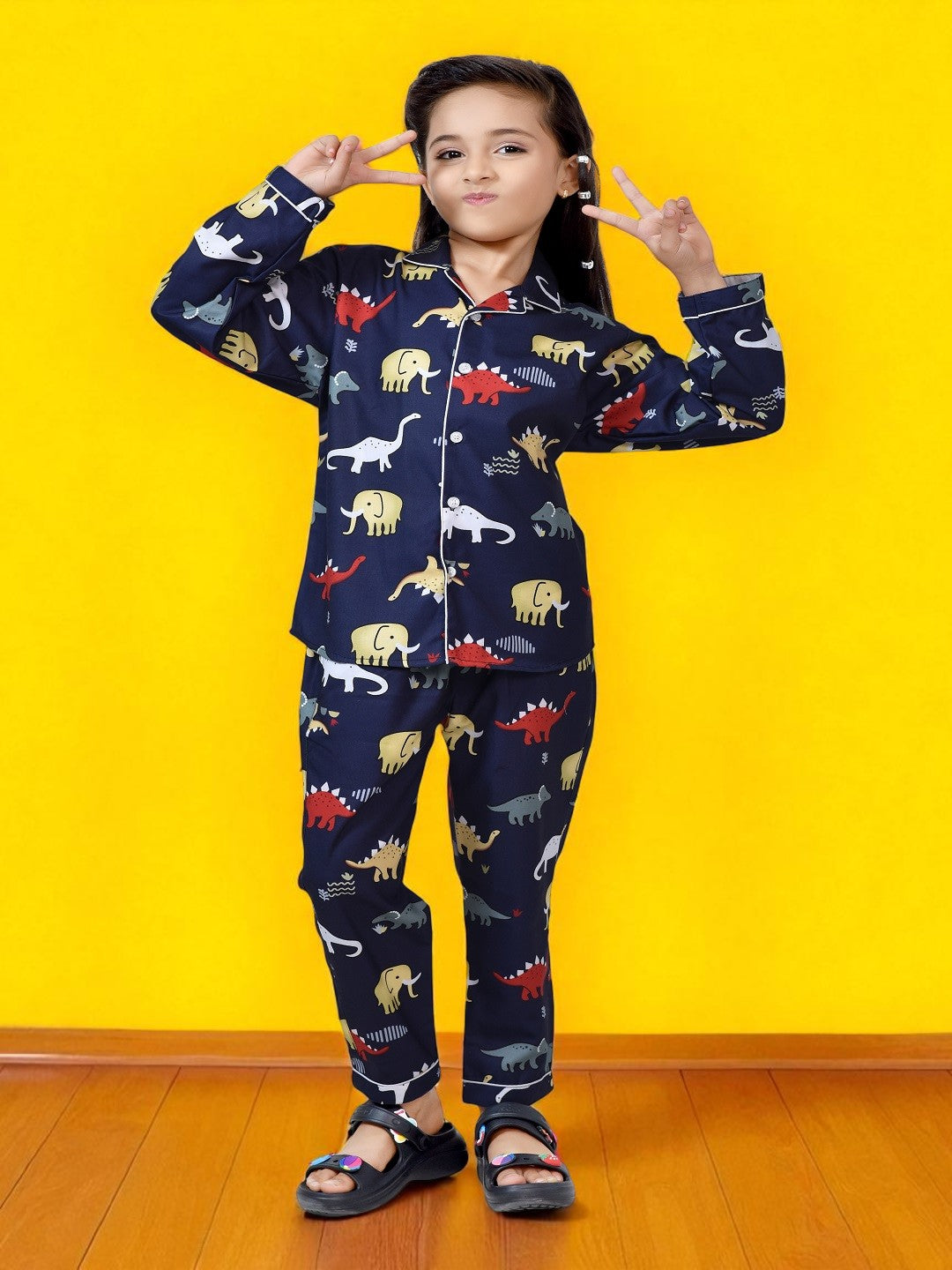 Navy Blue Animal Printed Full Sleeve Nightsuit