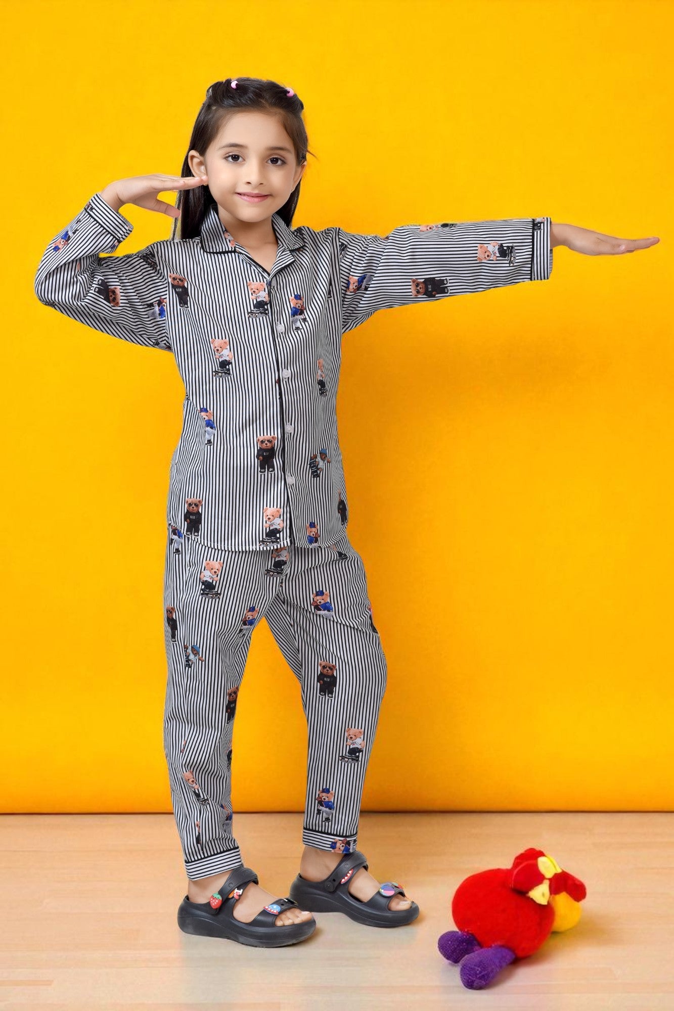 Buy Cute Teddy Printed Black & White Striped Girls Nightsuit Online