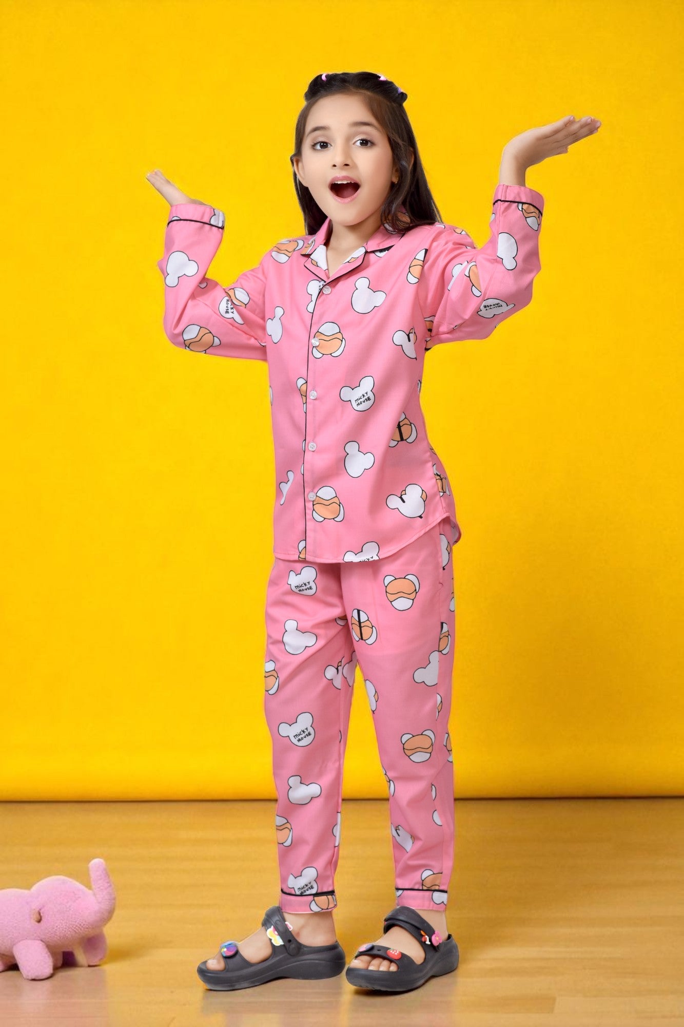 Buy Baby Pink Mickey Printed Girls Cotton Night Suit Online - FrontView