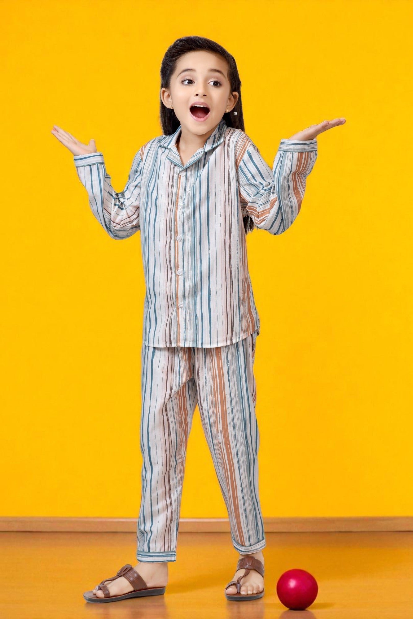 Buy Earth Tone Striped Cotton Girls Night Suit Set Online