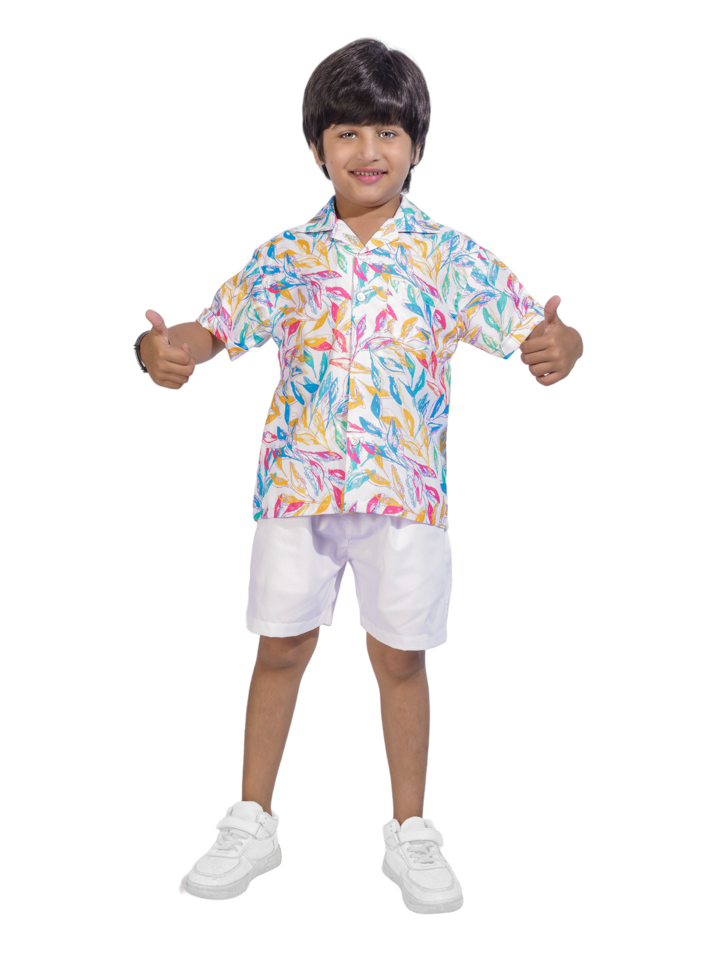 Leaf Shadow Digital printed Shirt with White solid Shorts