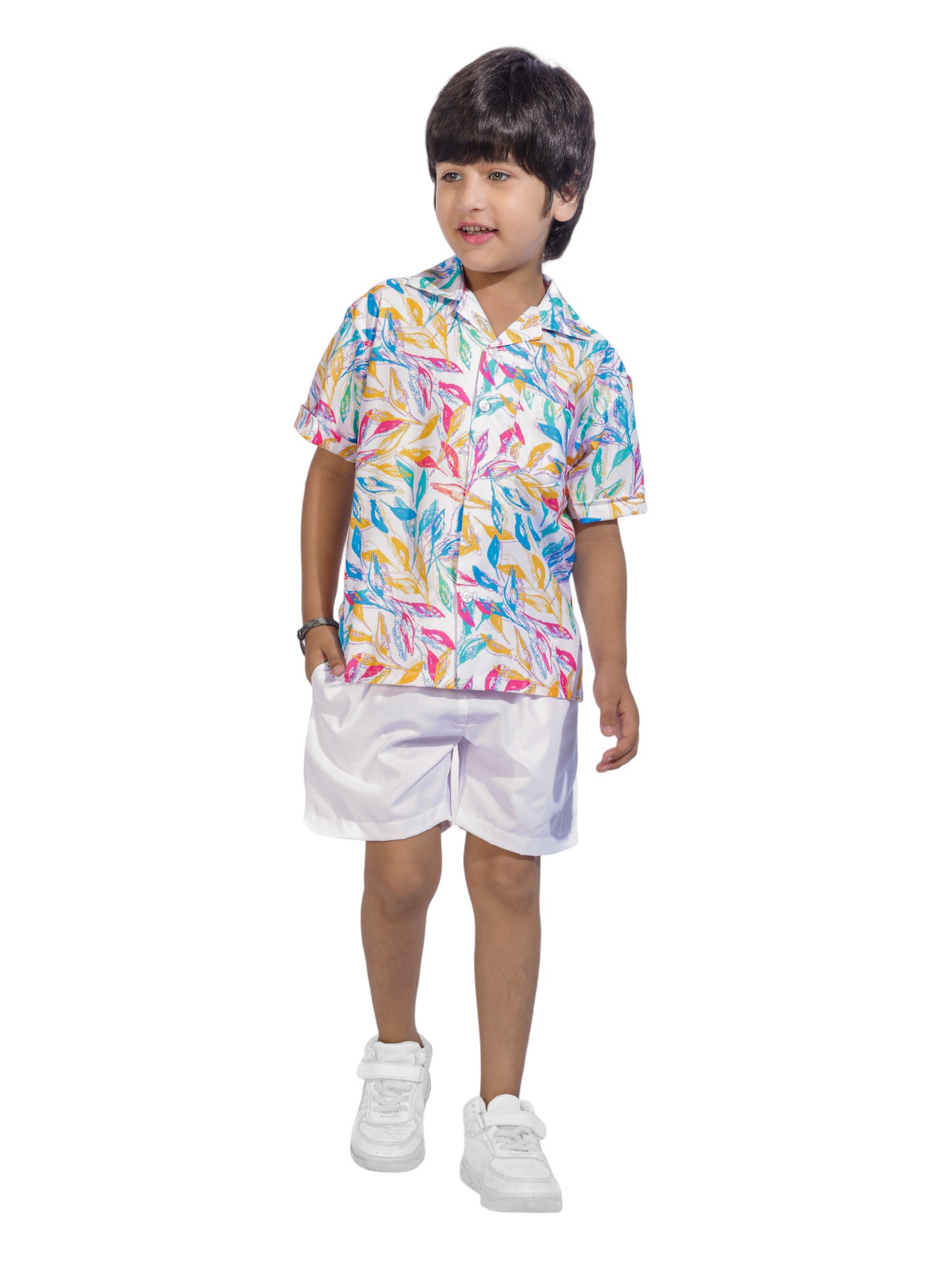 Leaf Shadow Digital printed Shirt with White solid Shorts