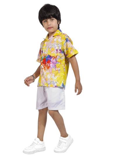 Stencil floral Digital printed Shirt with White solid Shorts