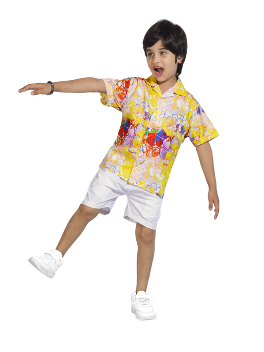 Stencil floral Digital printed Shirt with White solid Shorts