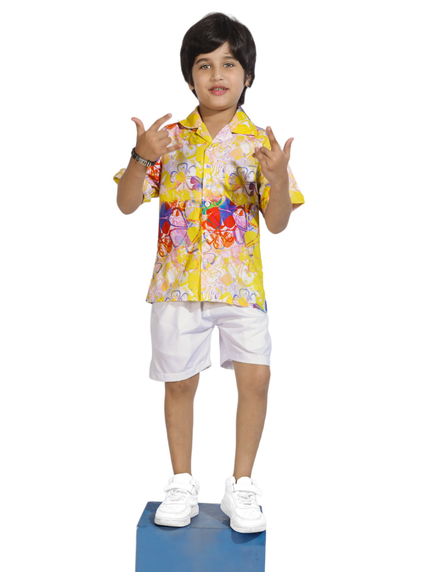 Stencil floral Digital printed Shirt with White solid Shorts