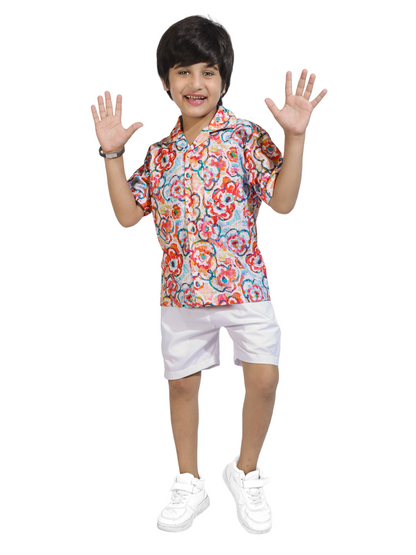 Flower Lush Digital printed Shirt with White solid Shorts