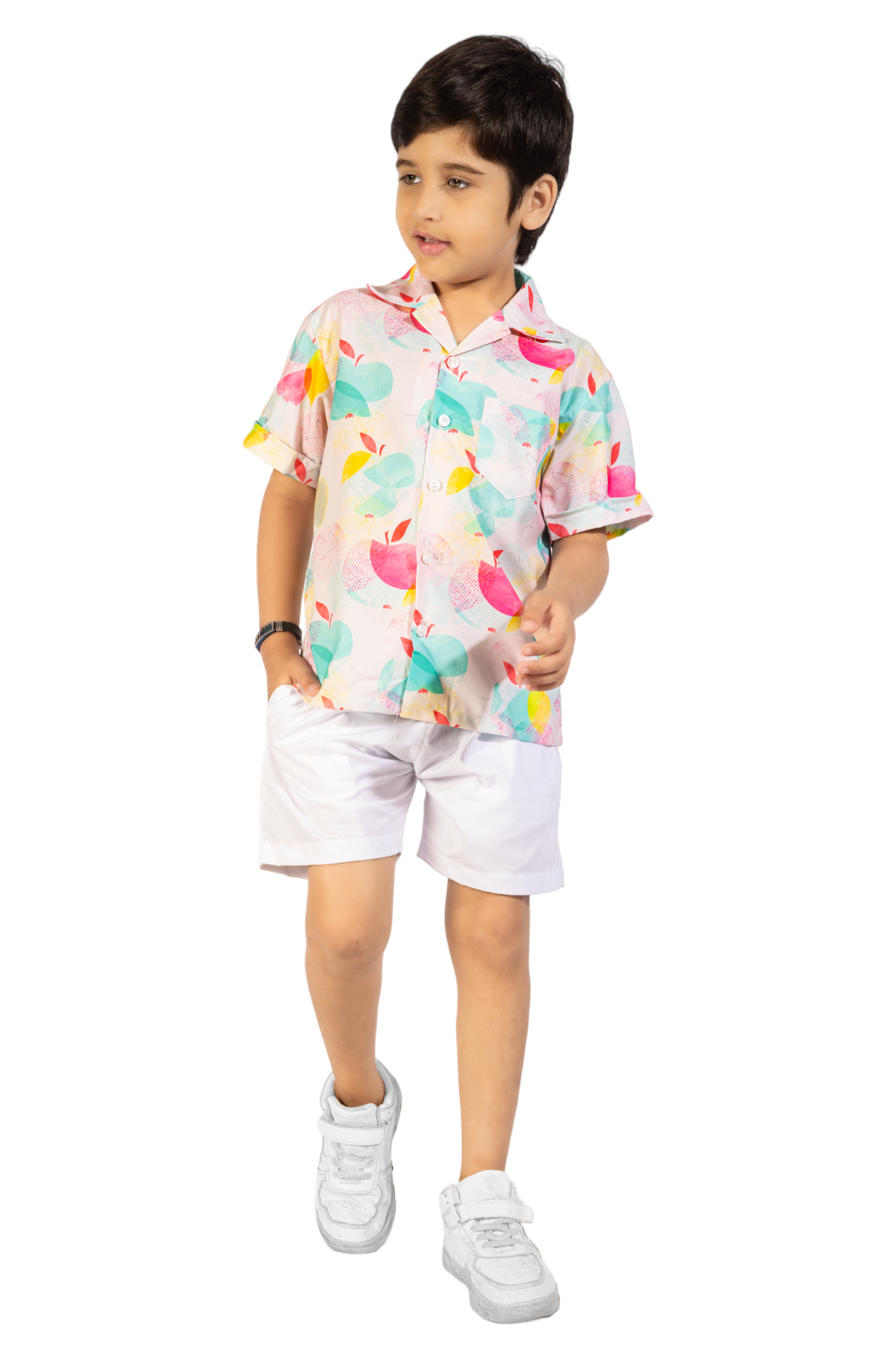 Half Apple Digital printed Shirt with White solid Shorts