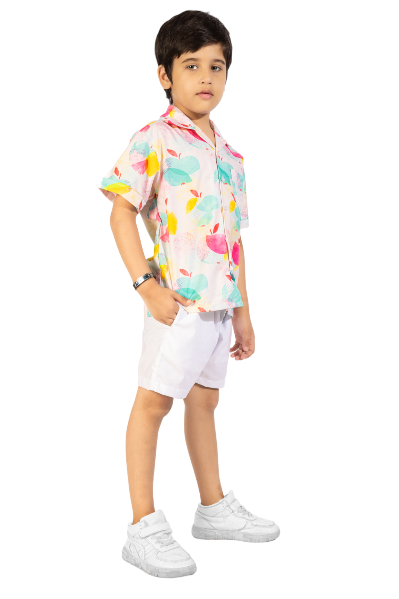 Half Apple Digital printed Shirt with White solid Shorts