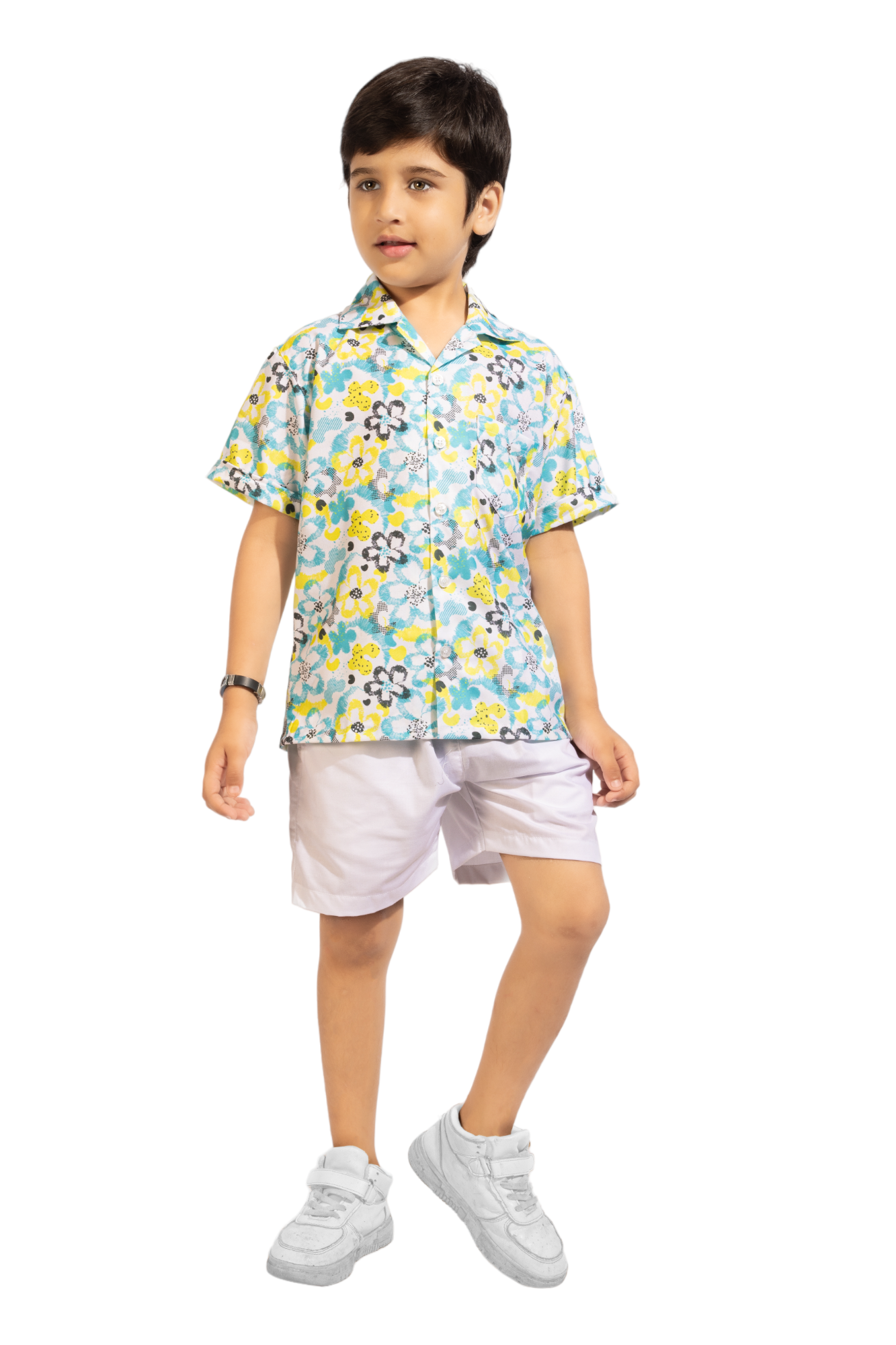 Reverse Flower Digital printed Shirt with White solid Shorts