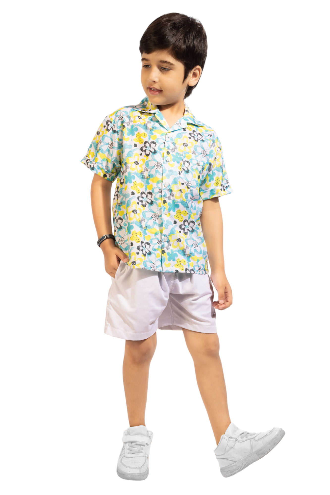 Reverse Flower Digital printed Shirt with White solid Shorts