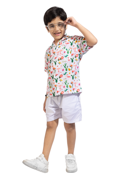 Flamingo Digital printed Shirt with White solid shorts