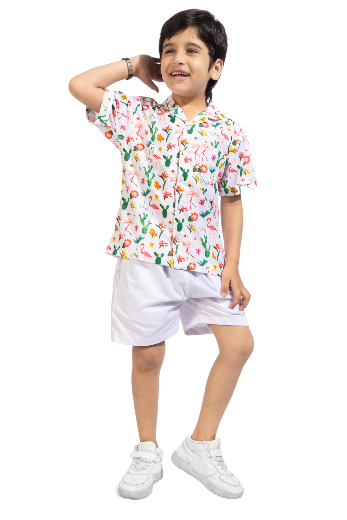 Flamingo Digital printed Shirt with White solid shorts