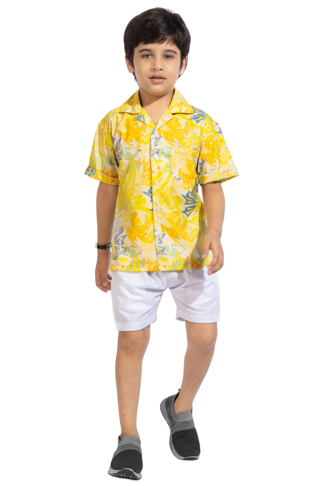 Yellow Leaf Digital printed Shirt with White solid Shorts