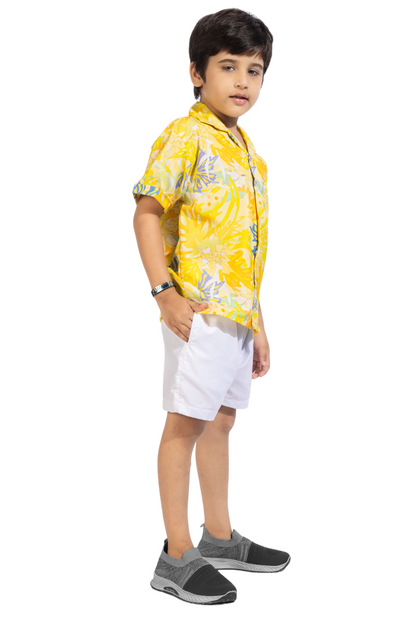 Yellow Leaf Digital printed Shirt with White solid Shorts