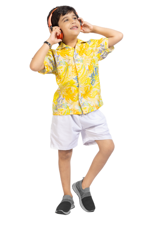 Yellow Leaf Digital printed Shirt with White solid Shorts