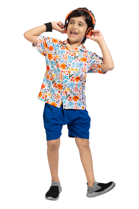 Spring Spell Digital printed Shirt with Blue solid Shorts