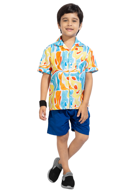 Water colour Digital printed Shirt with Blue solid Shorts