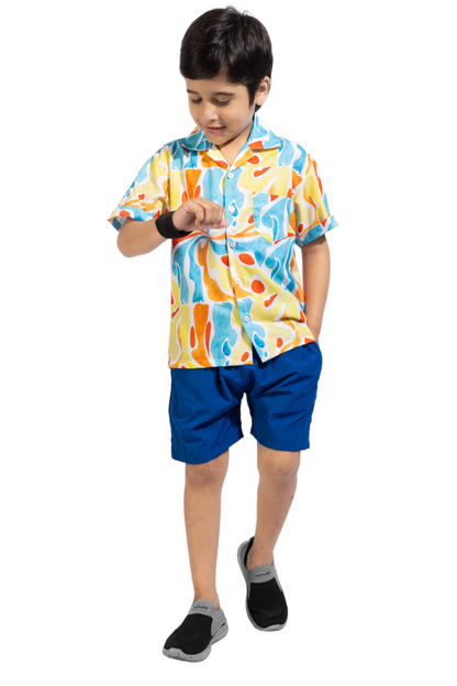 Water colour Digital printed Shirt with Blue solid Shorts