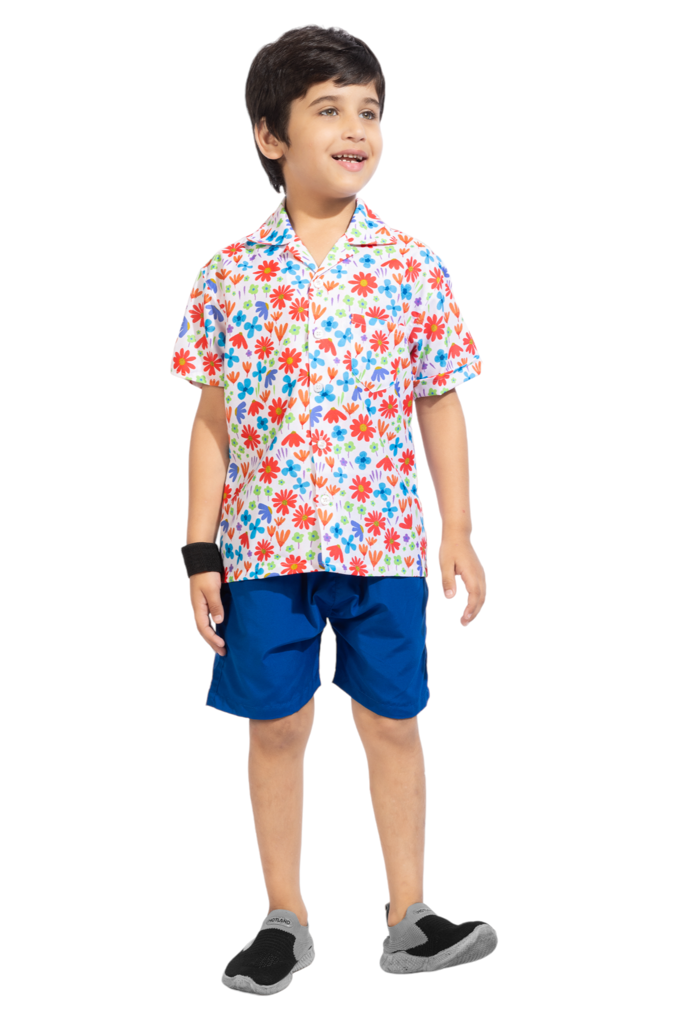 Red Flower Digital printed Shirt with Blue solid Shorts