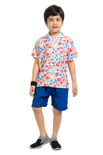 Red Flower Digital printed Shirt with Blue solid Shorts