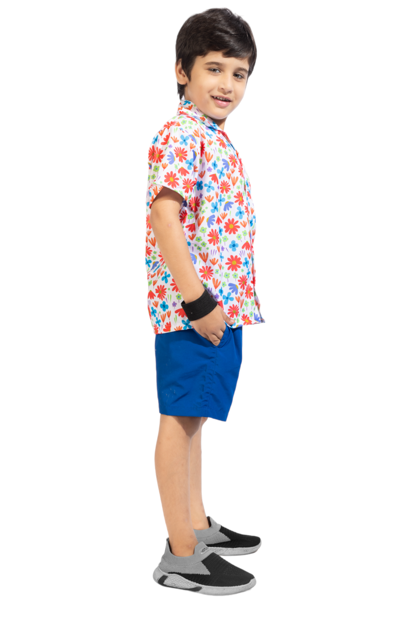 Red Flower Digital printed Shirt with Blue solid Shorts