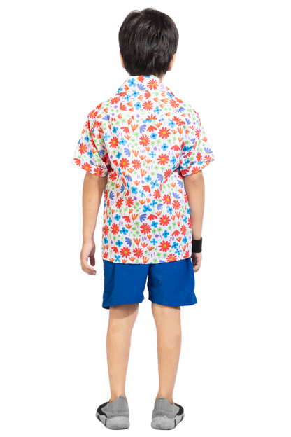 Red Flower Digital printed Shirt with Blue solid Shorts