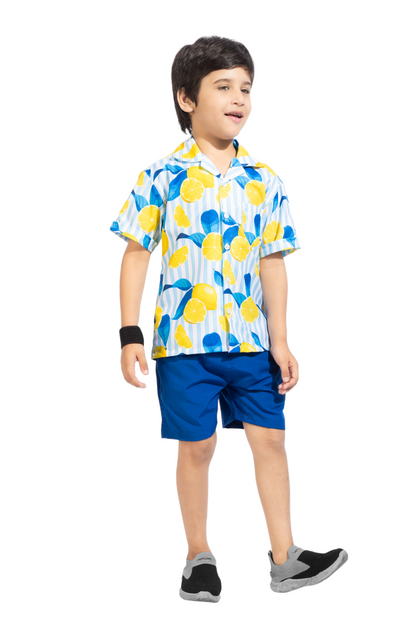 Striped Lemon Digital printed Shirt with Blue solid Shorts