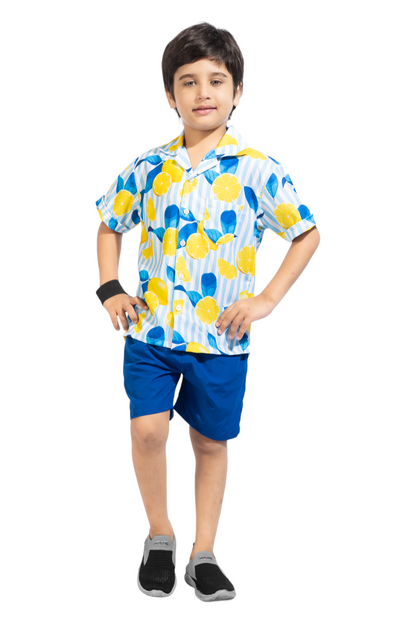 Striped Lemon Digital printed Shirt with Blue solid Shorts