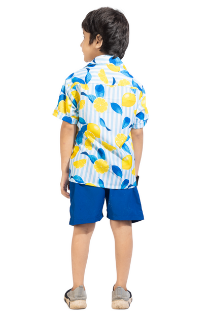 Striped Lemon Digital printed Shirt with Blue solid Shorts