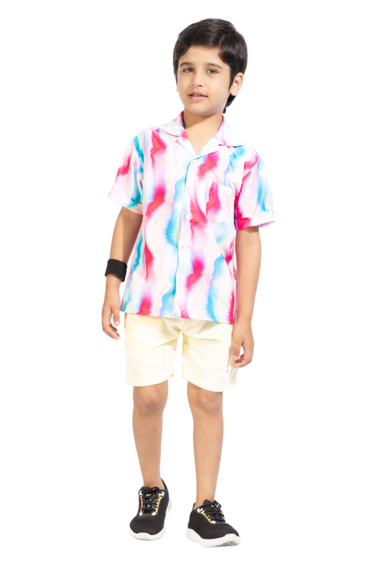 Colour Waves Digital printed Shirt with yellow solid Shorts