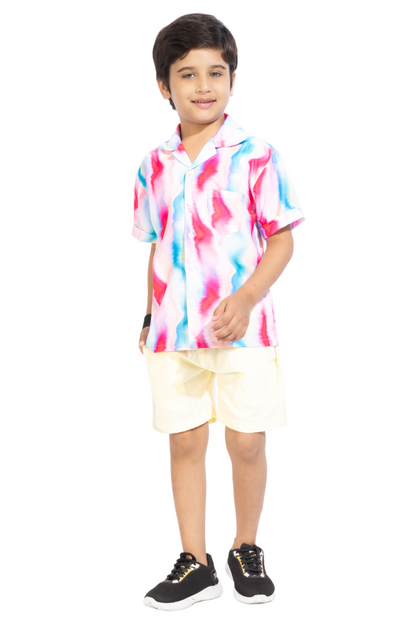 Colour Waves Digital printed Shirt with yellow solid Shorts