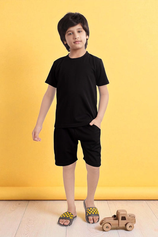 Black Pure Cotton Mario rib kids shorts set