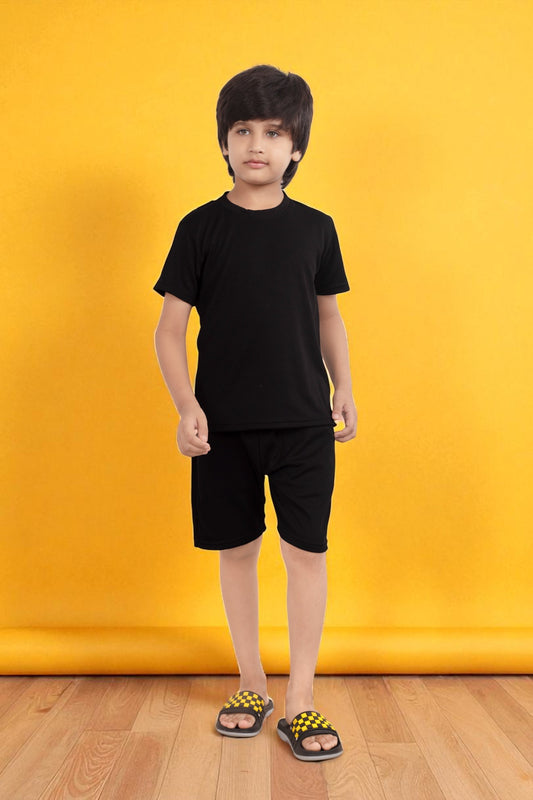 Black Pure Cotton Mario rib kids shorts set