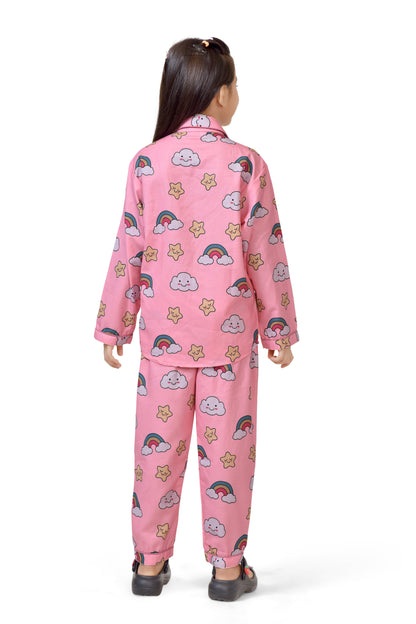 Baby Pink Cotton Rainbow Printed Girls Night Suit - Back Side