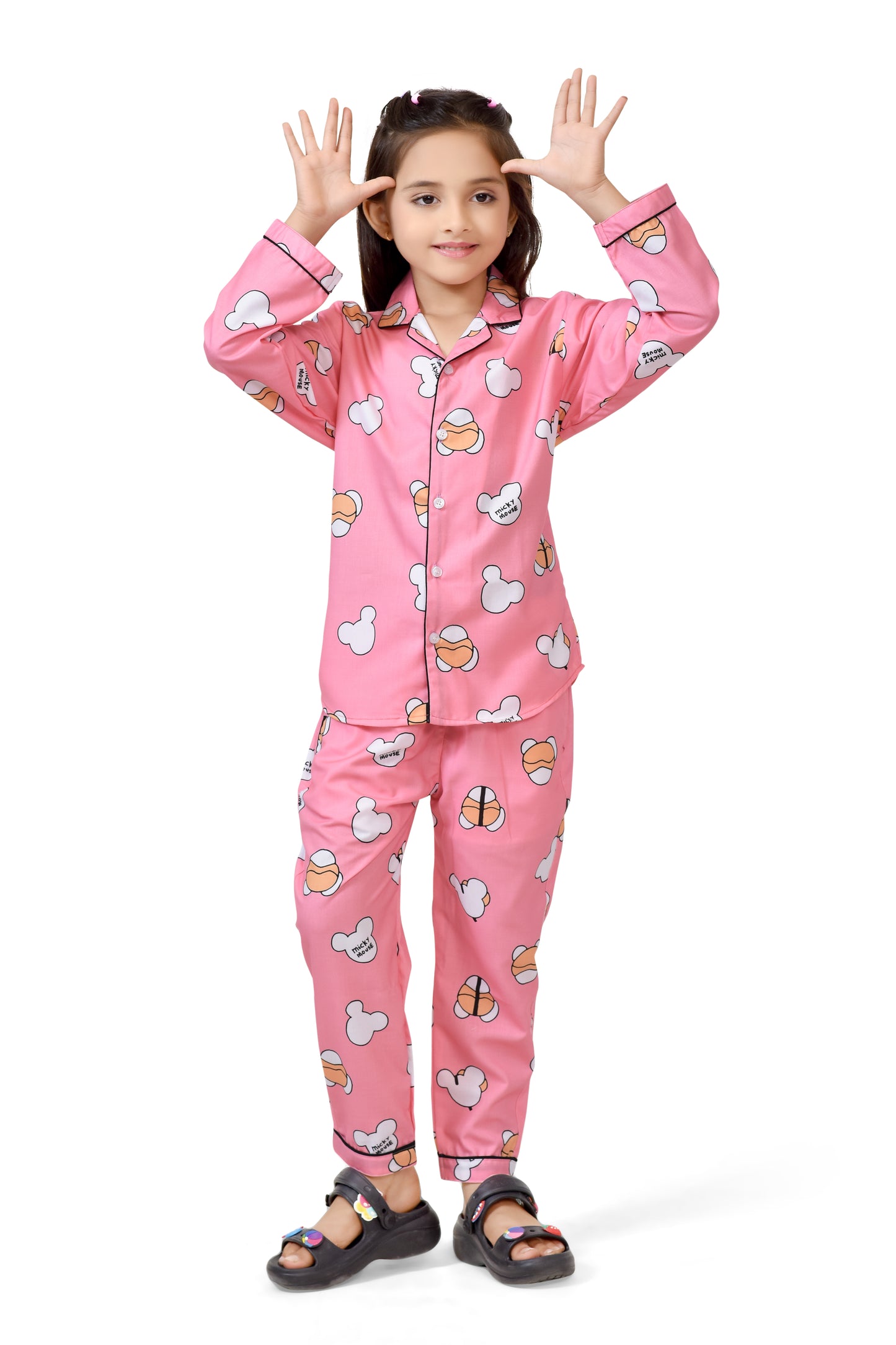 Baby Pink Mickey Printed Girls Long Cotton Night Suit