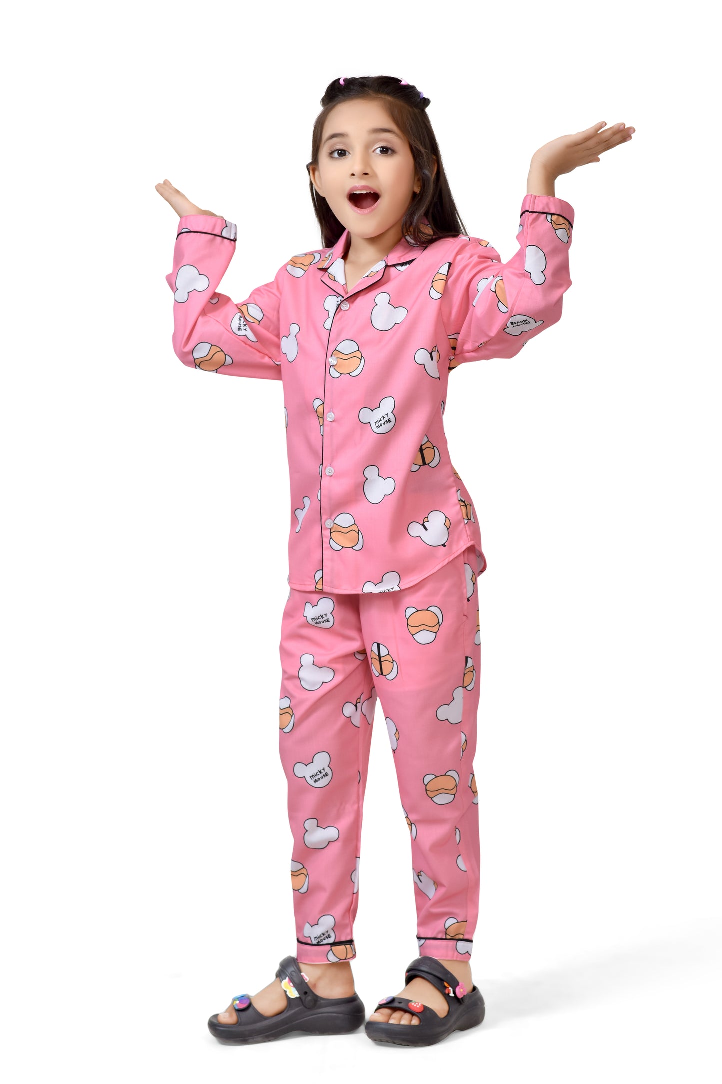 Baby Pink Mickey Printed Girls Cotton Night Suit - Long Sleeves