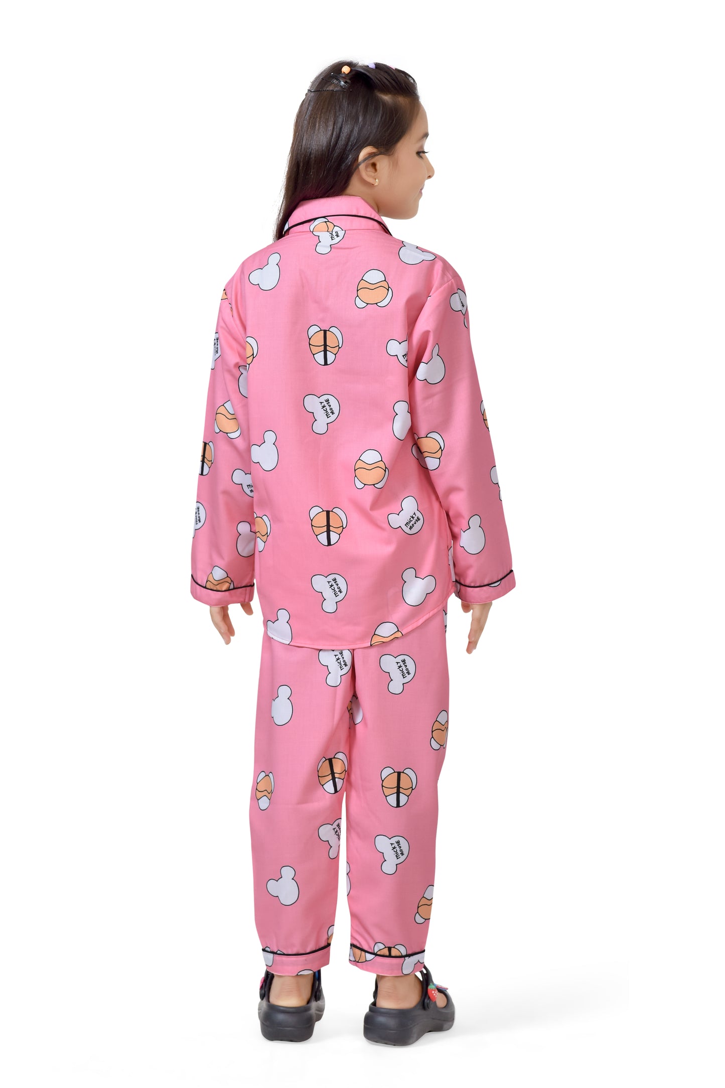 Baby Pink Mickey Printed Girls Cotton Night Suit - Back Side