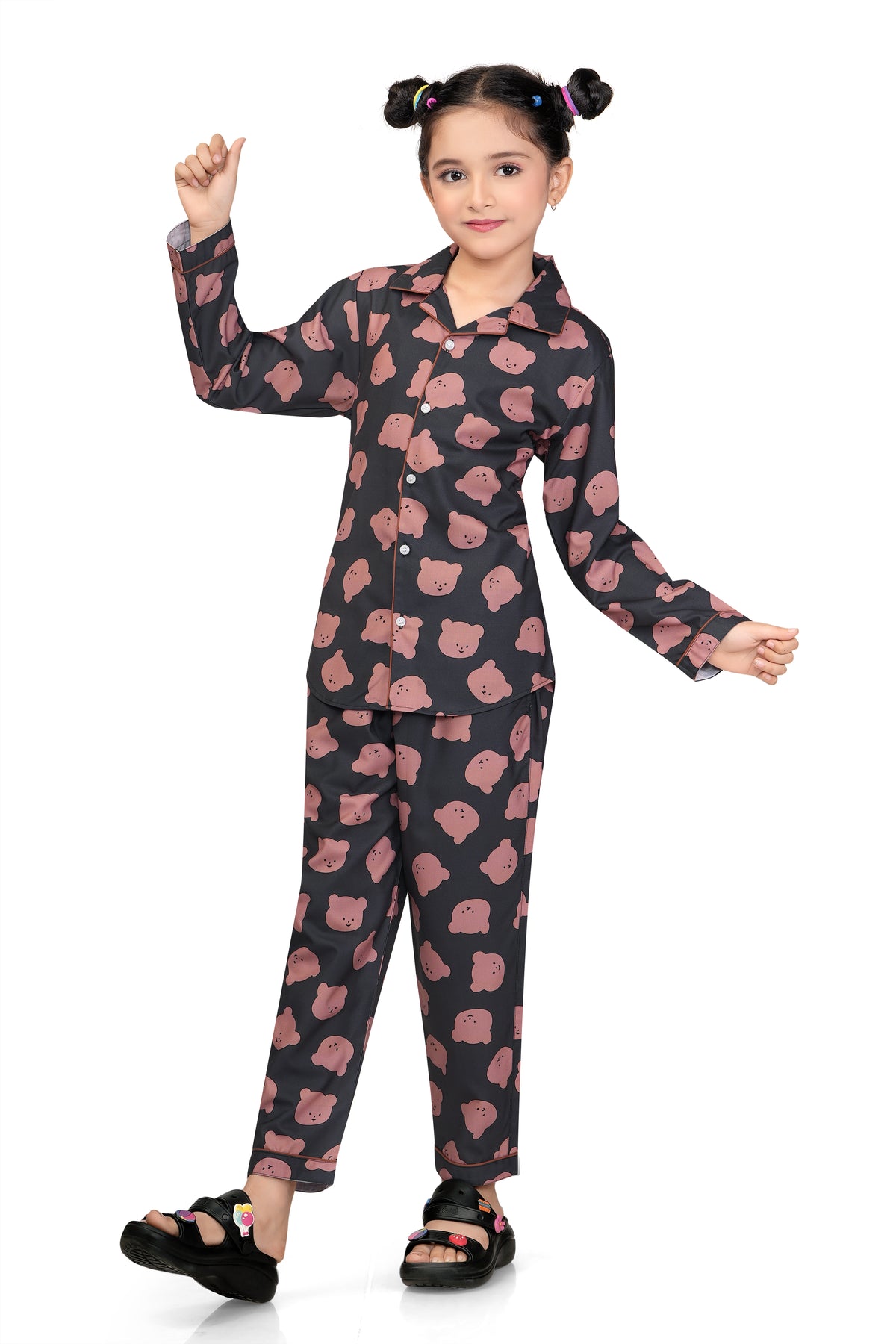 Black & Brown Bear Print Girls Cotton Night Suit - Back View | CLUB96