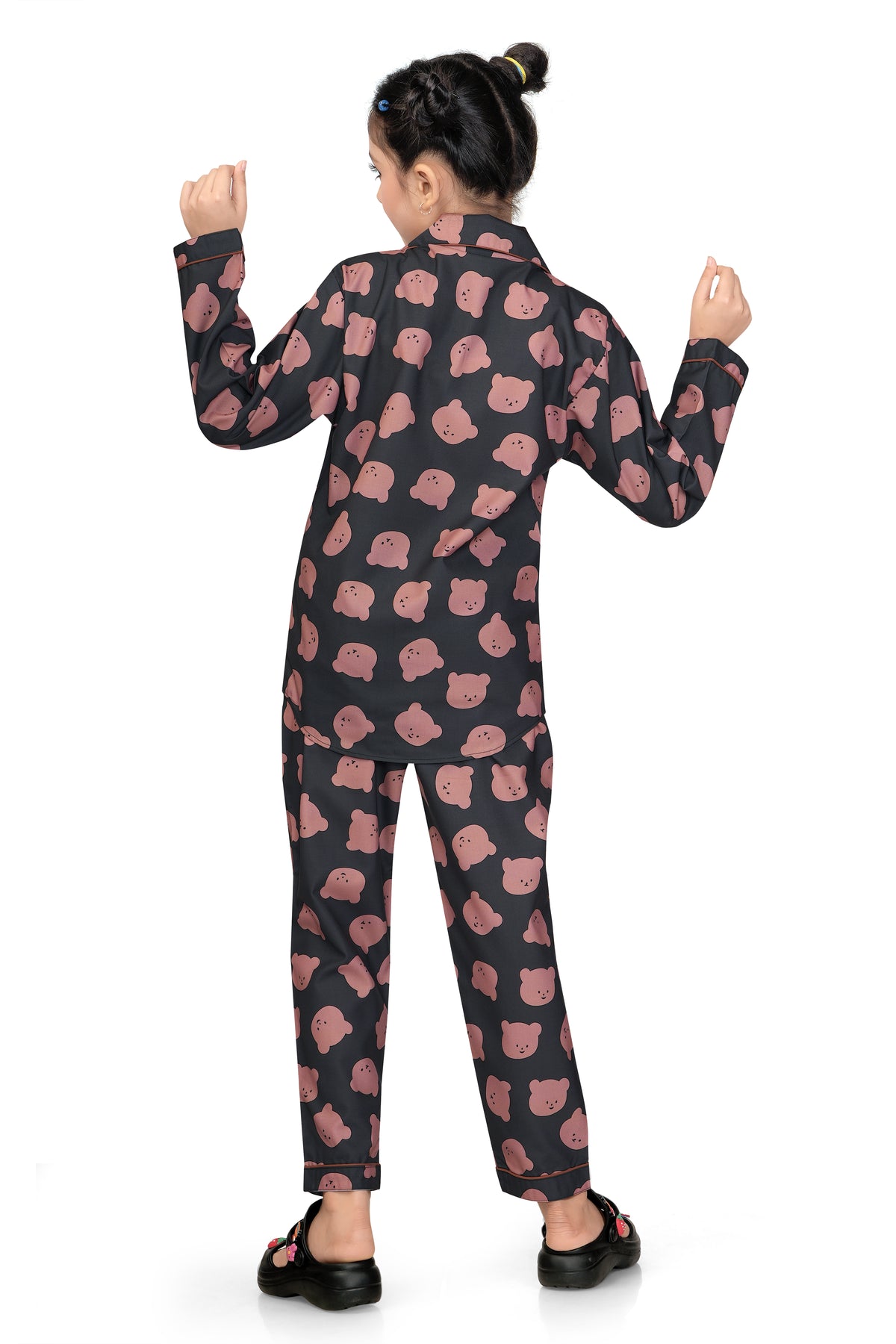Black & Brown Bear Print Girls Cotton Night Suit - Back View 2 | CLUB96